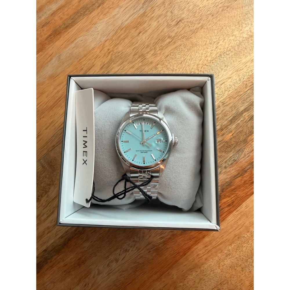 Timex Legacy Day-Date 36mm Watch Tiffany Blue Dial Stainless Steel TW2V68400 NIB
